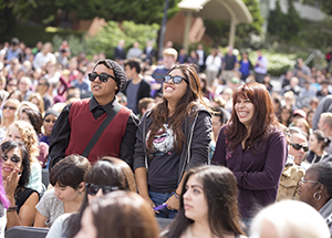 A photo of three students on the quad during the SF State Welcome: Faces of Our Community event.